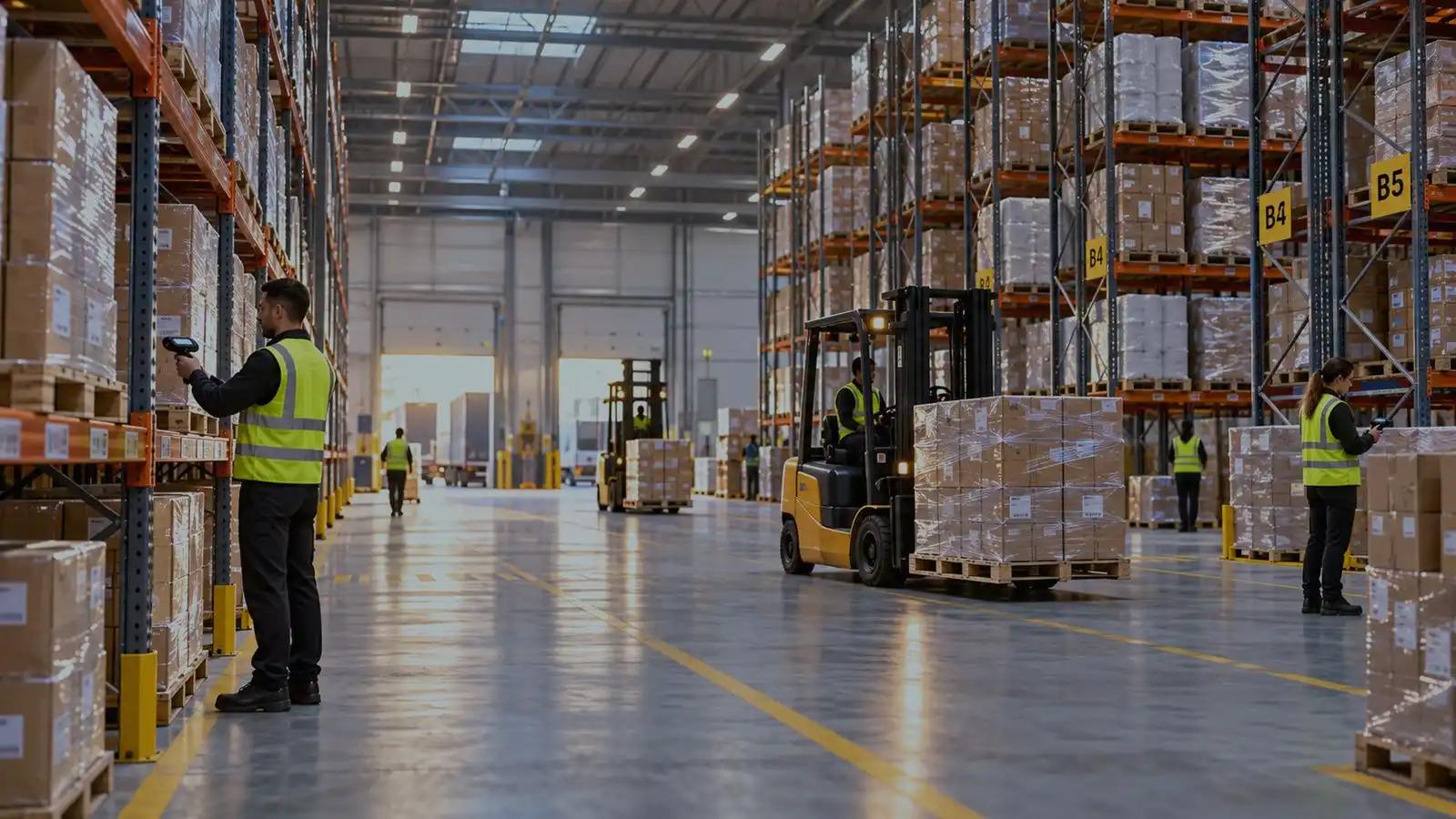 Corsia di magazzino fra scaffalature alte cariche di pallet: un operatore legge un codice a barre, un carrello elevatore trasporta un pallet avvolto.