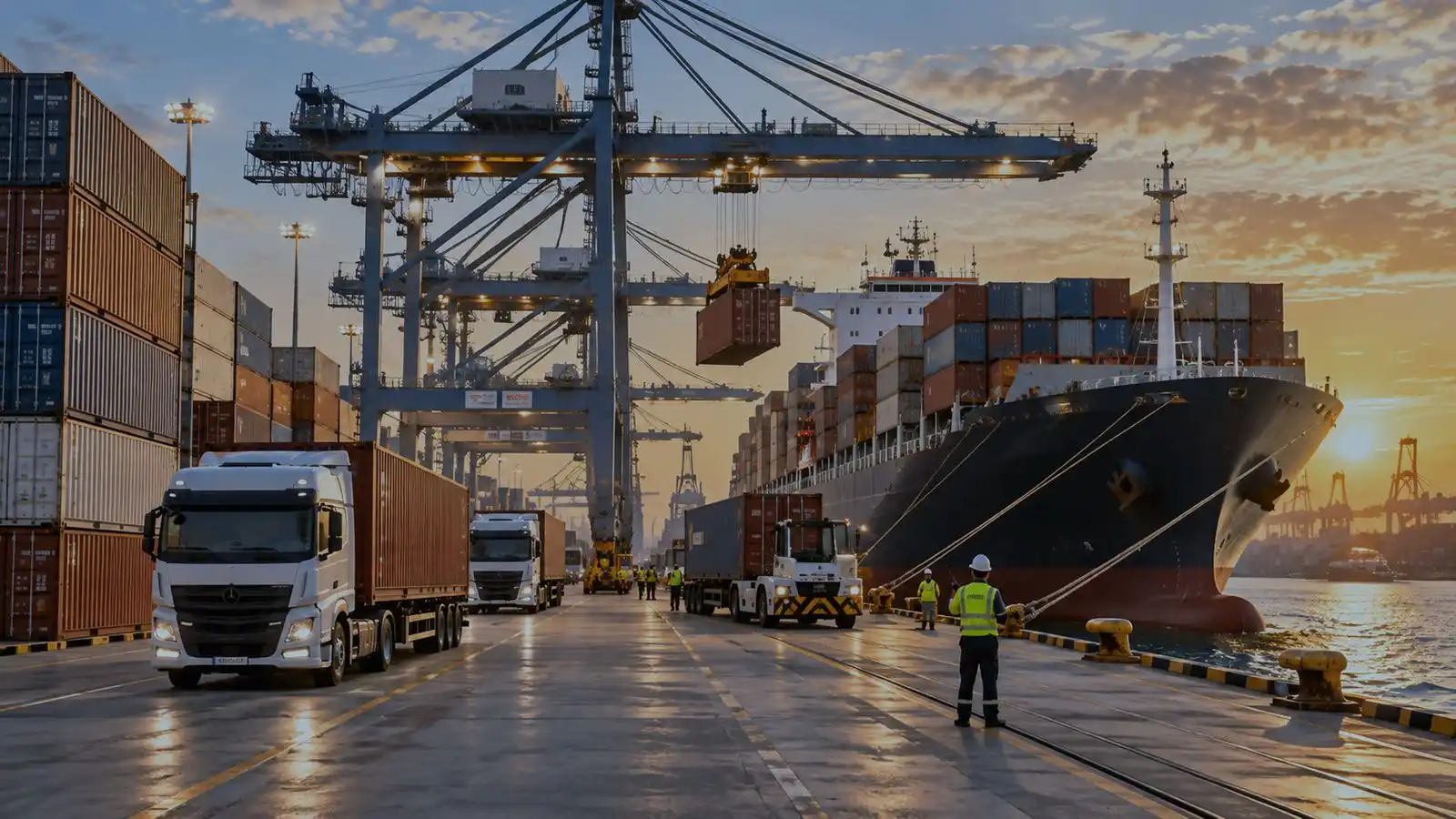 Terminal container al tramonto: una gru di banchina cala un container mentre alcuni autoarticolati attendono lungo il molo, accanto a una nave portacontainer ormeggiata.