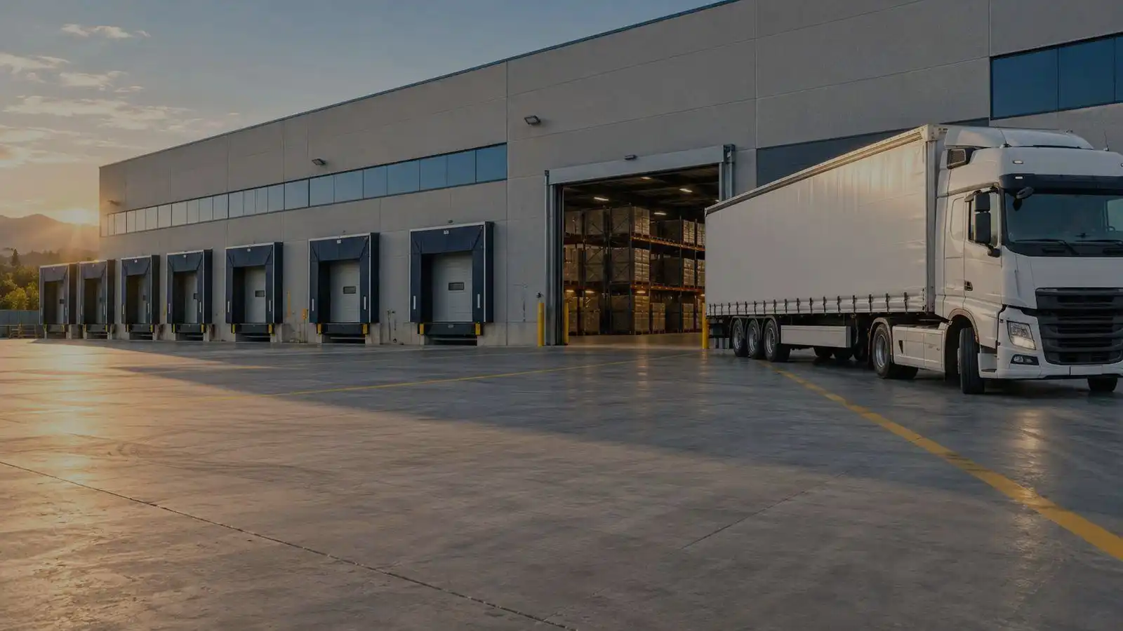 Banchine di carico all’aperto alle prime luci: un semirimorchio accostato al portone aperto e i pallet pronti sul piazzale.