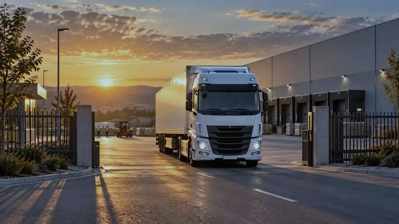 Un autoarticolato esce dal cancello di un polo logistico al tramonto; a destra la fila delle banchine, sul fondo le colline.